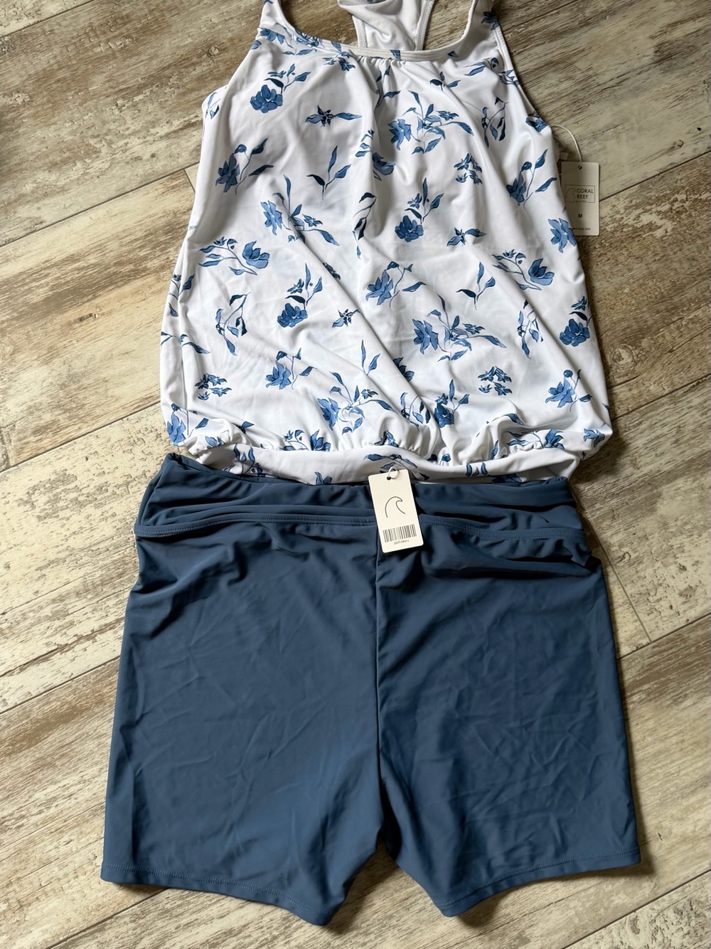 Floral White & Blue Tankini Top with Navy Swim Shorts - Women's Two-Piece